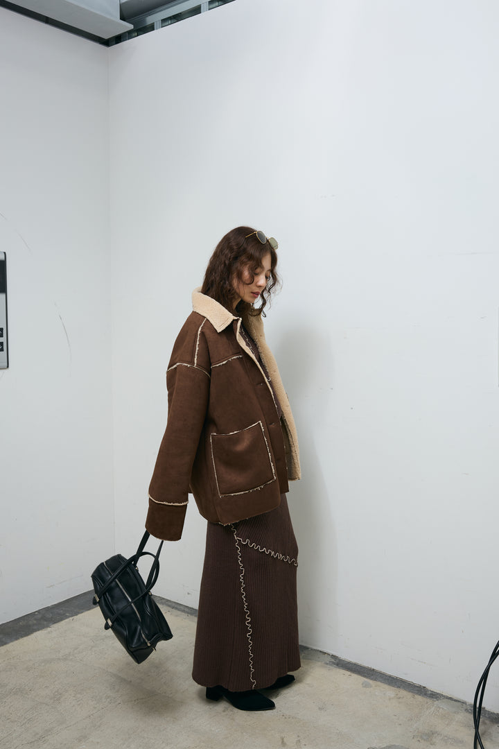 [予約/SET]フェイクムートンジャケット+ランダムメローニットスカート(2set)