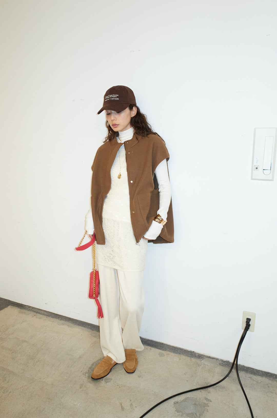 [予約/SET]ウールライクスタンドカラーベスト+サイドホールウールブレンドレースロングタンク+ダンボールニットパンツ(3set)