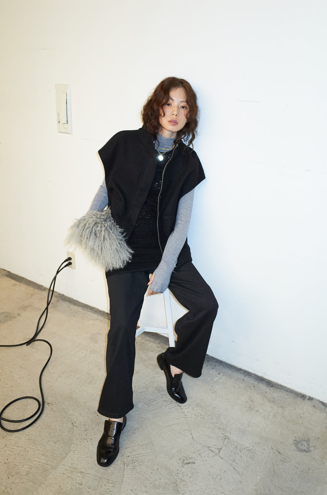 [予約/SET]ウールライクスタンドカラーベスト+サイドホールウールブレンドレースロングタンク+ダンボールニットパンツ(3set)