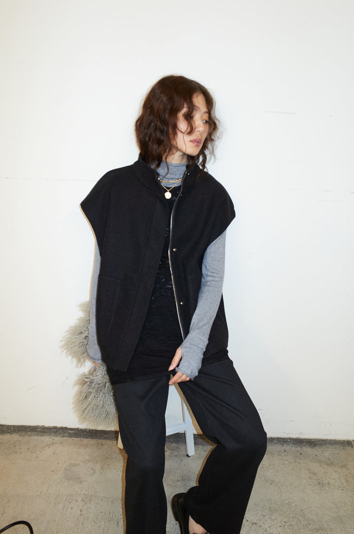 [予約/SET]ウールライクスタンドカラーベスト+サイドホールウールブレンドレースロングタンク+ダンボールニットパンツ(3set)