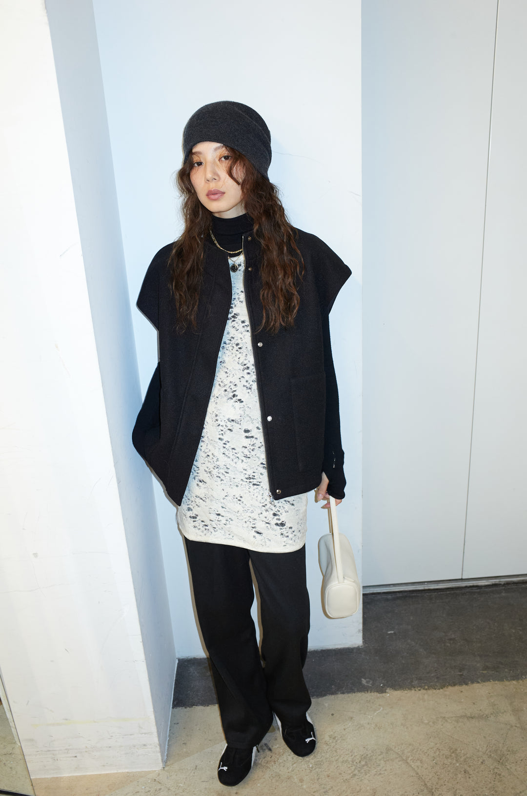 [予約/SET]ウールライクスタンドカラーベスト+サイドホールウールブレンドレースロングタンク+ダンボールニットパンツ(3set)