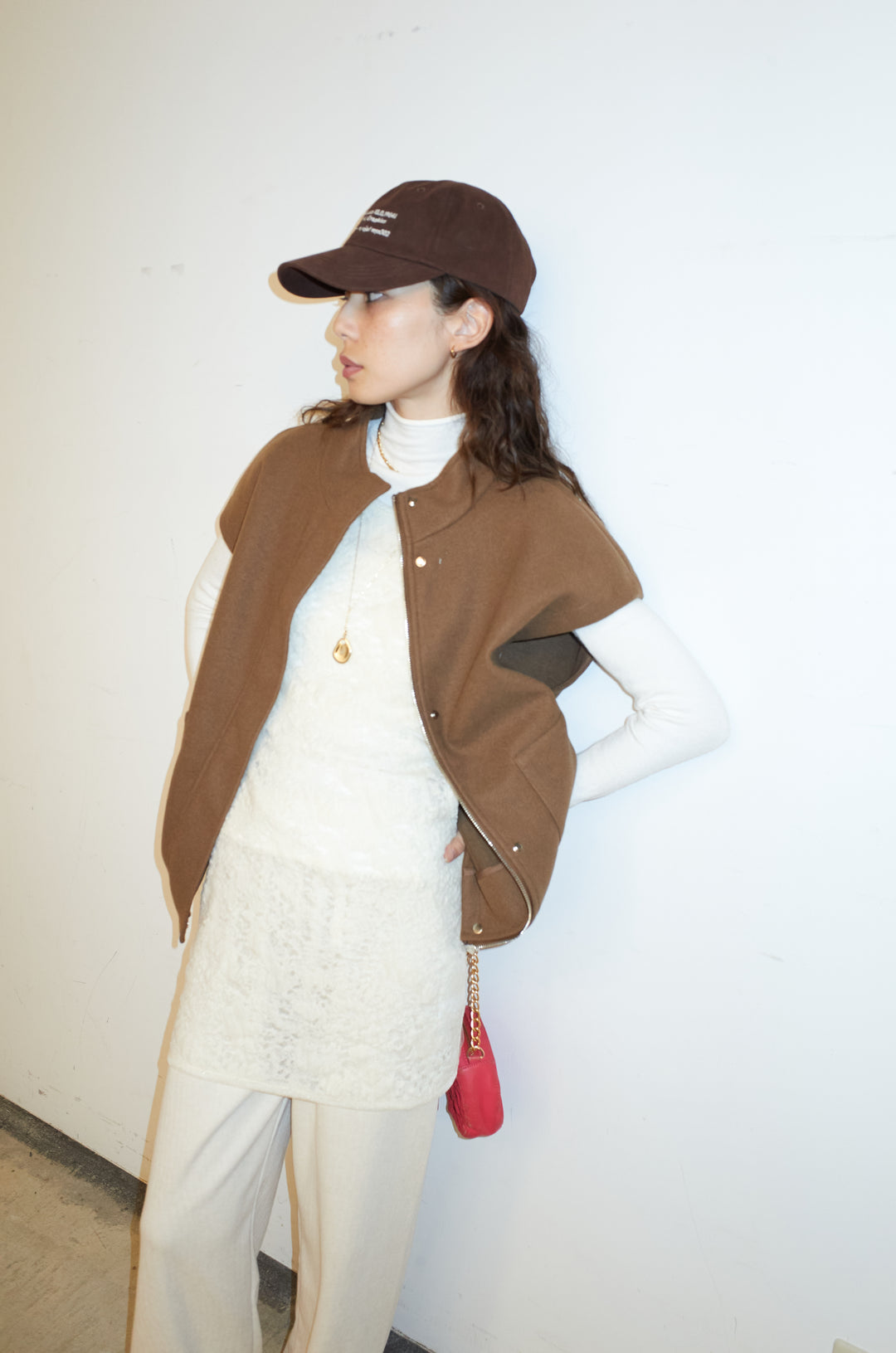 [予約/SET]ウールライクスタンドカラーベスト+サイドホールウールブレンドレースロングタンク+ダンボールニットパンツ(3set)