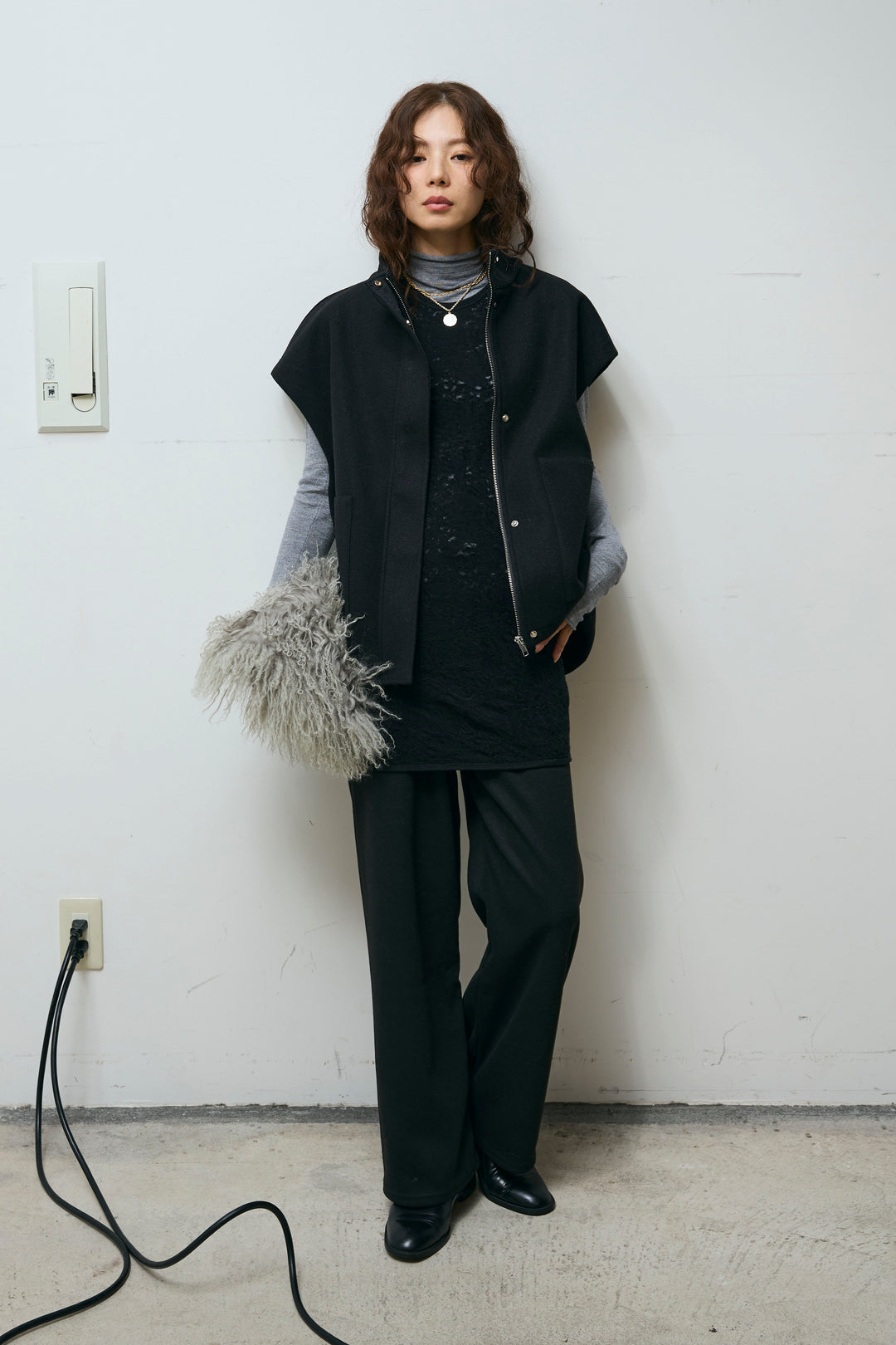 [予約/SET]ウールライクスタンドカラーベスト+ダンボールニットパンツ(2set)