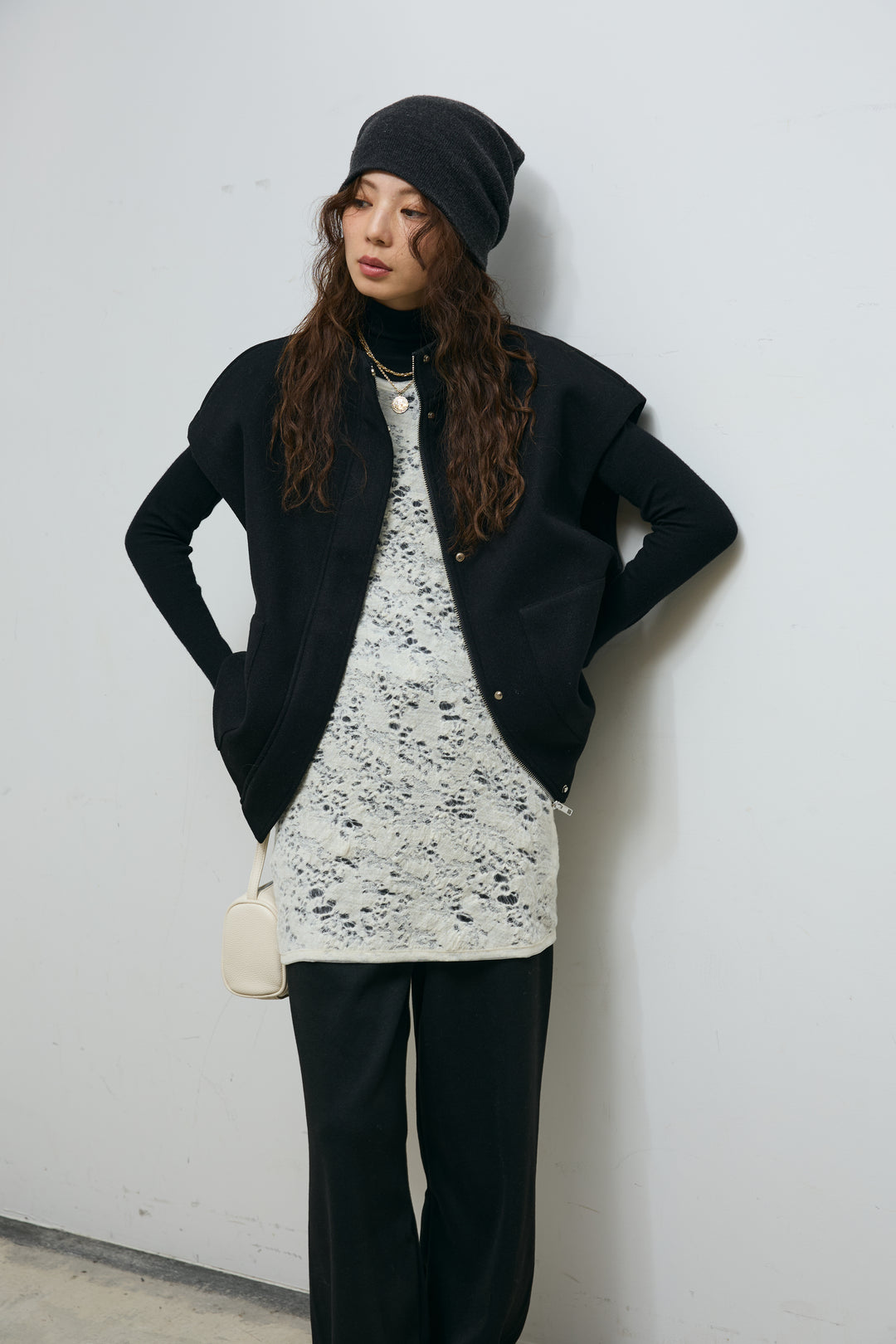 [予約/SET]ウールライクスタンドカラーベスト+サイドホールウールブレンドレースロングタンク+ダンボールニットパンツ(3set)