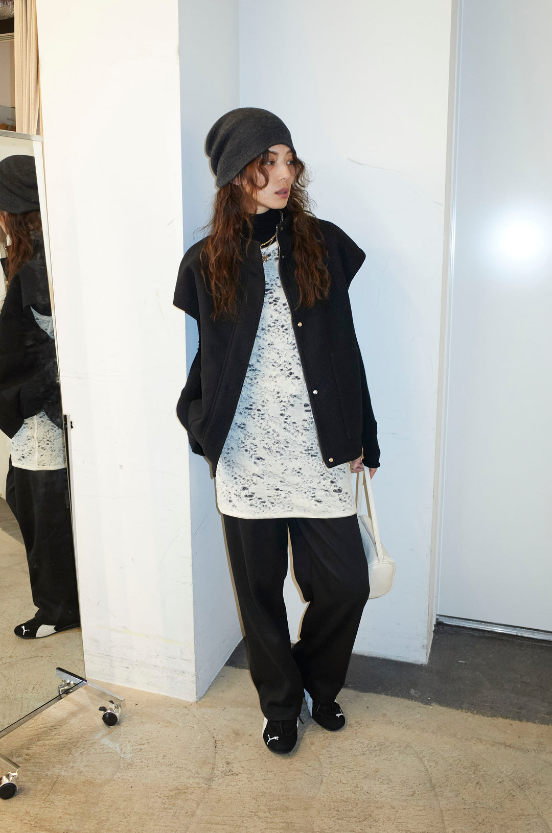 [予約/SET]ウールライクスタンドカラーベスト+サイドホールウールブレンドレースロングタンク+ダンボールニットパンツ(3set)