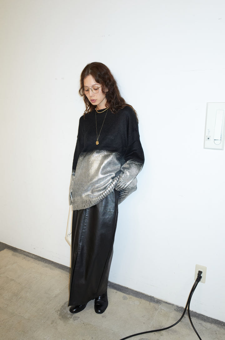 [予約/SET]箔プリントオーバーサイズプルオーバー+エコレザーバックスリットペンシルスカート(2set)