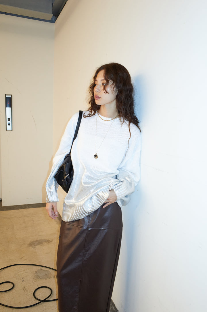 [予約/SET]箔プリントオーバーサイズプルオーバー+エコレザーバックスリットペンシルスカート(2set)