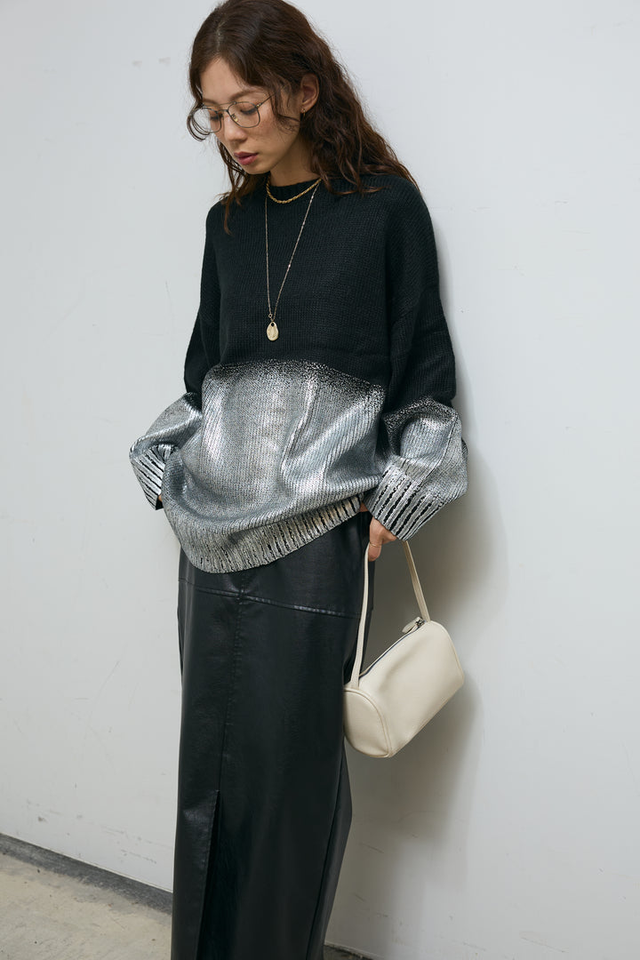 [予約/SET]箔プリントオーバーサイズプルオーバー+エコレザーバックスリットペンシルスカート(2set)