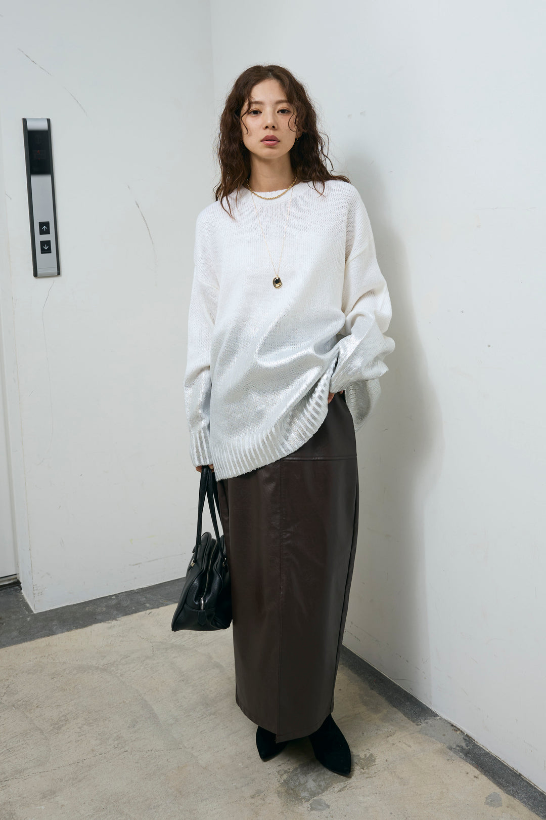 [予約/SET]箔プリントオーバーサイズプルオーバー+エコレザーバックスリットペンシルスカート(2set)