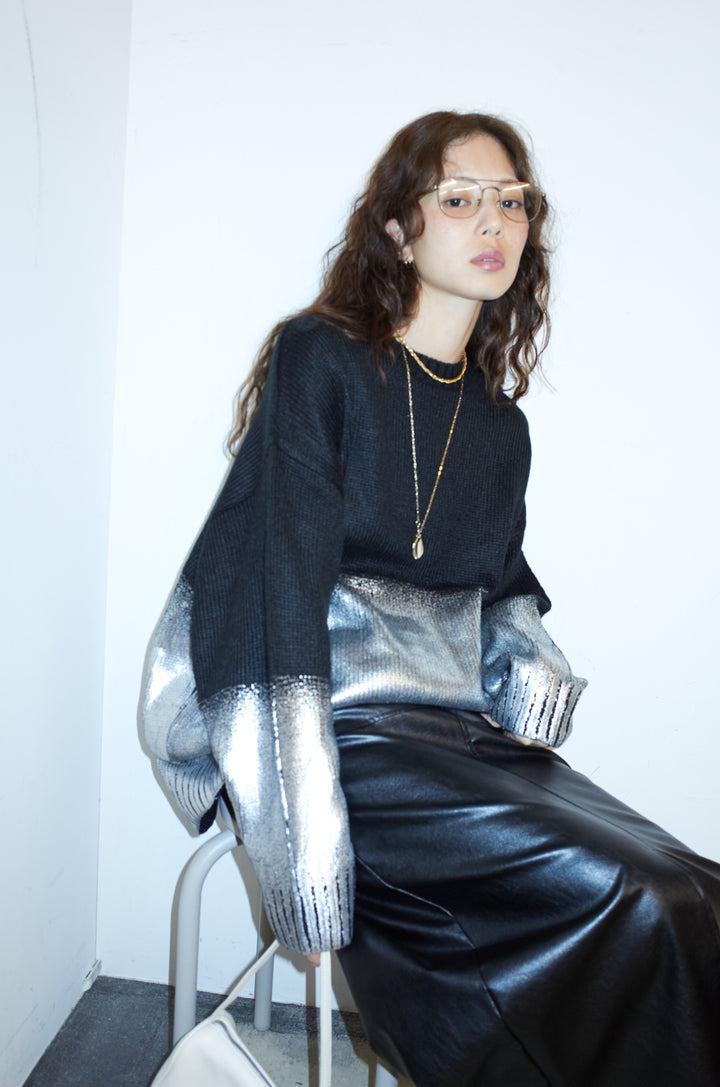 [予約/SET]箔プリントオーバーサイズプルオーバー+エコレザーバックスリットペンシルスカート(2set)