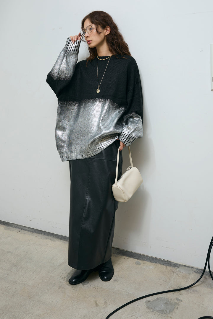 [予約/SET]箔プリントオーバーサイズプルオーバー+エコレザーバックスリットペンシルスカート(2set)