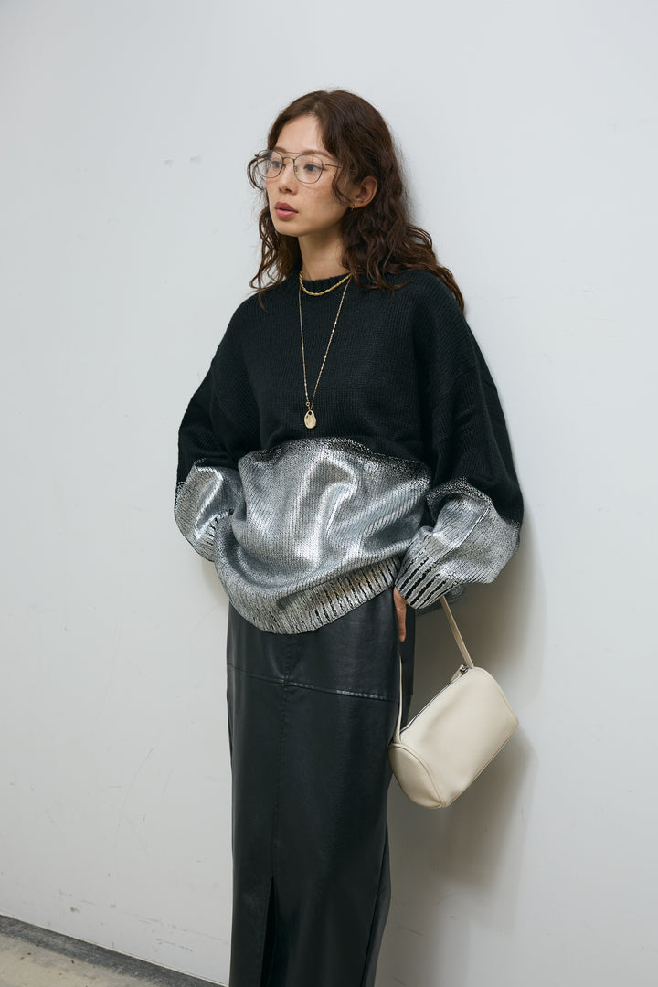 [予約/SET]箔プリントオーバーサイズプルオーバー+エコレザーバックスリットペンシルスカート(2set)