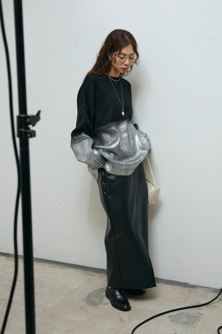 [予約/SET]箔プリントオーバーサイズプルオーバー+エコレザーバックスリットペンシルスカート(2set)