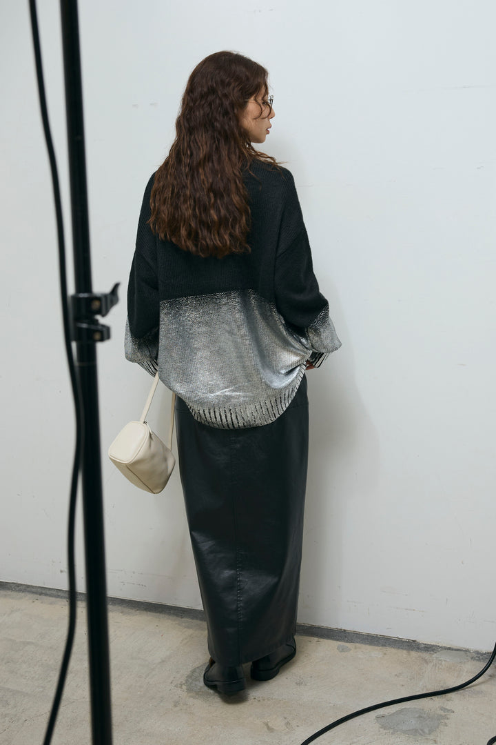 [予約/SET]箔プリントオーバーサイズプルオーバー+エコレザーバックスリットペンシルスカート(2set)