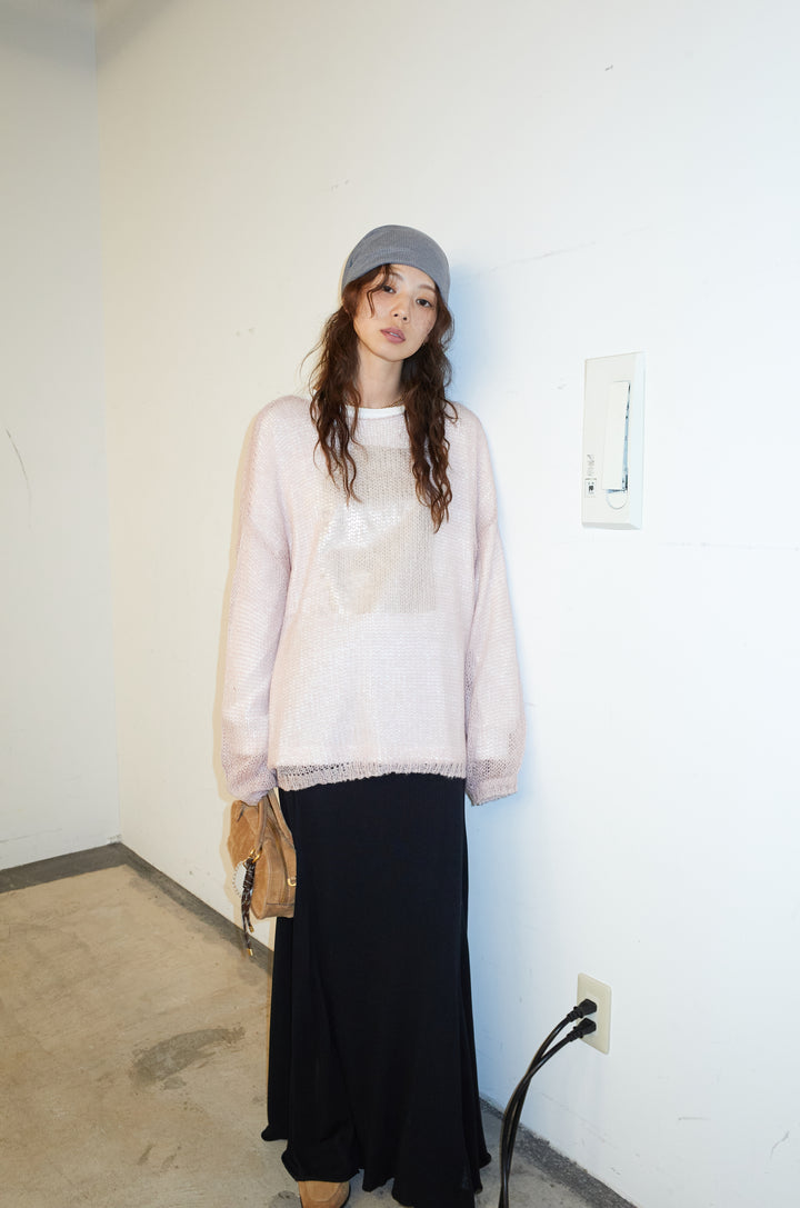 [予約/SET]ローゲージシアー ニット+箔プリントロンT+切り替えリブニットロングスカート(3set)