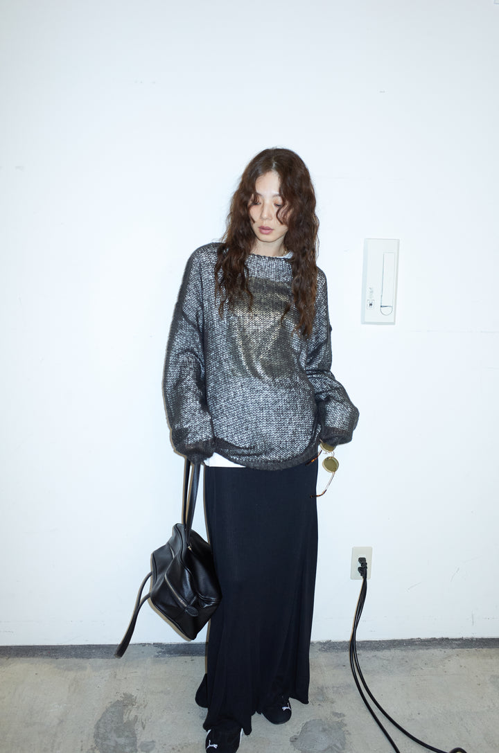 [予約/SET]ローゲージシアー ニット+箔プリントロンT+切り替えリブニットロングスカート(3set)