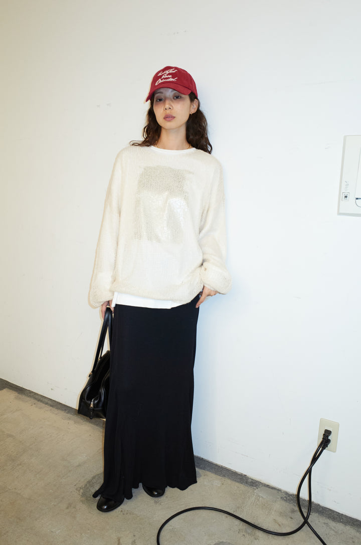 [予約/SET]ローゲージシアー ニット+箔プリントロンT+切り替えリブニットロングスカート(3set)