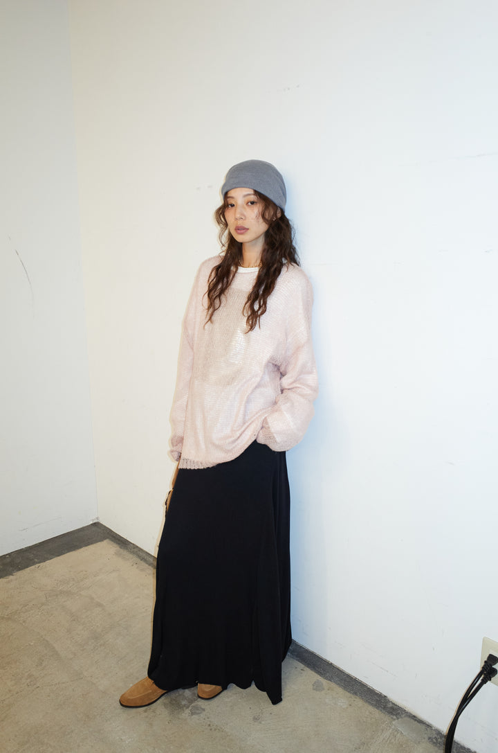 [予約/SET]ローゲージシアー ニット+箔プリントロンT+切り替えリブニットロングスカート(3set)