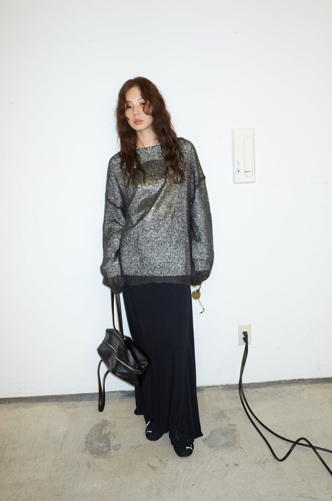 [予約/SET]ローゲージシアー ニット+箔プリントロンT+切り替えリブニットロングスカート(3set)