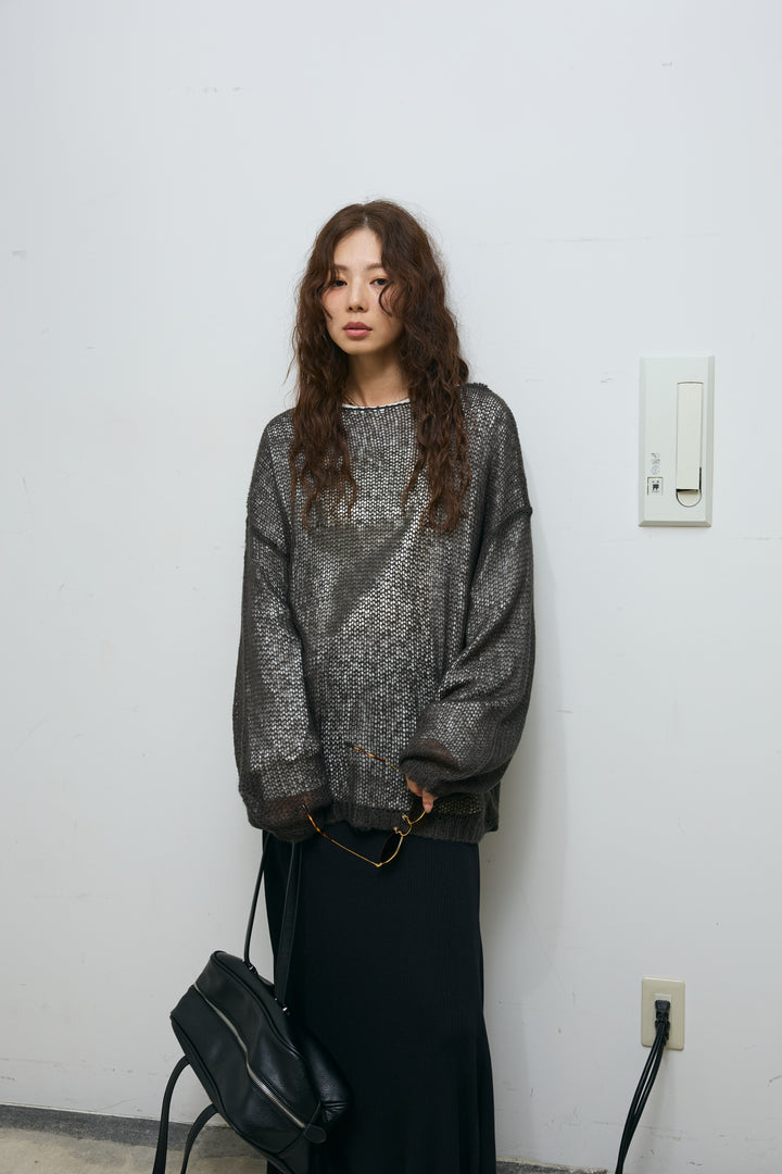 [予約/SET]ローゲージシアー ニット+箔プリントロンT+切り替えリブニットロングスカート(3set)