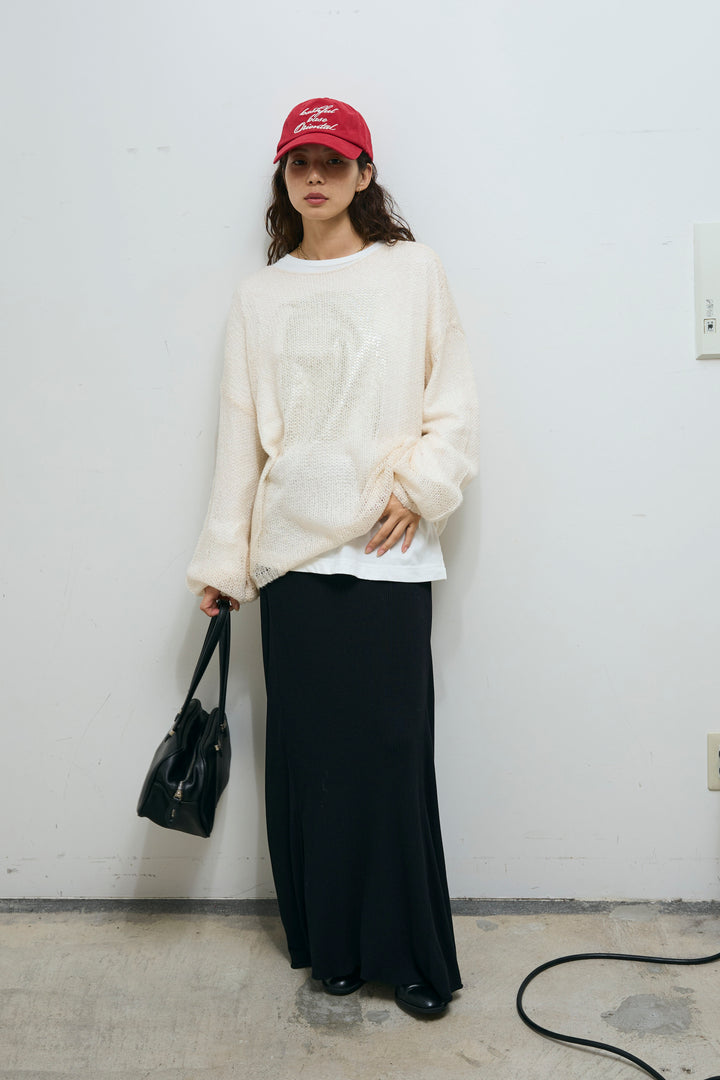 [予約/SET]ローゲージシアー ニット+箔プリントロンT+切り替えリブニットロングスカート(3set)