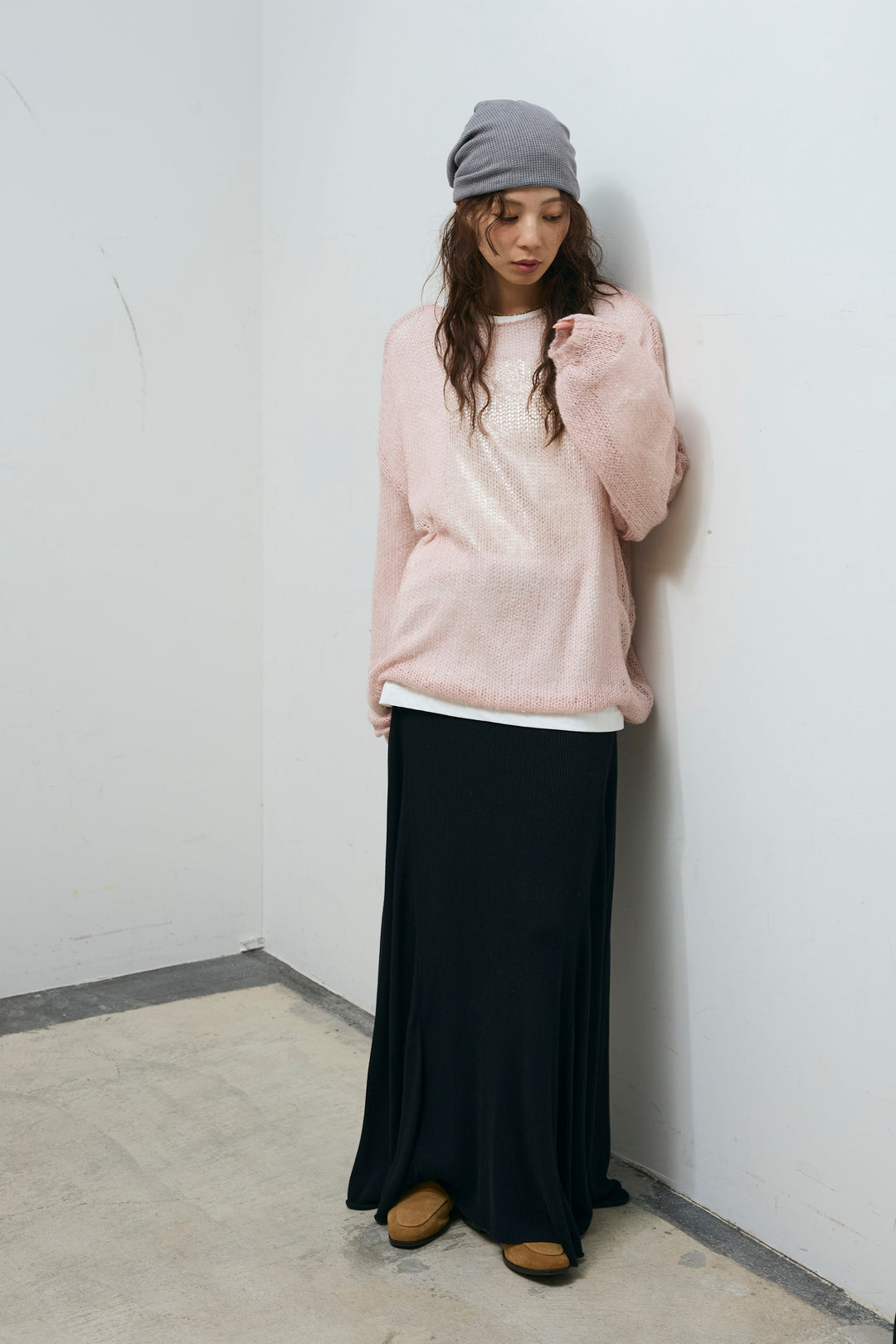 [予約/SET]ローゲージシアー ニット+切り替えリブニットロングスカート(2set)