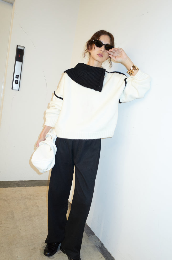 [予約/SET]ハイネックジップデザインニットトップス+ダンボールニットパンツ(2set)