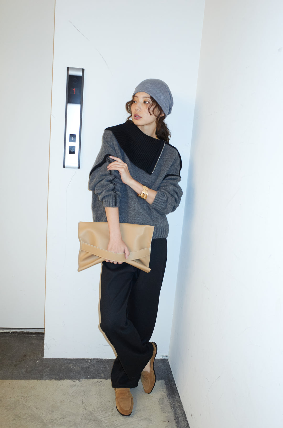 [予約/SET]ハイネックジップデザインニットトップス+ダンボールニットパンツ(2set)