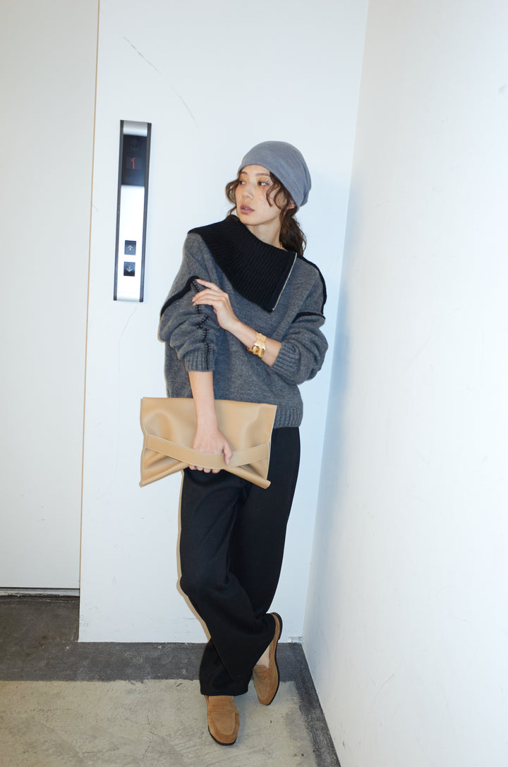 [予約/SET]ハイネックジップデザインニットトップス+ダンボールニットパンツ(2set)