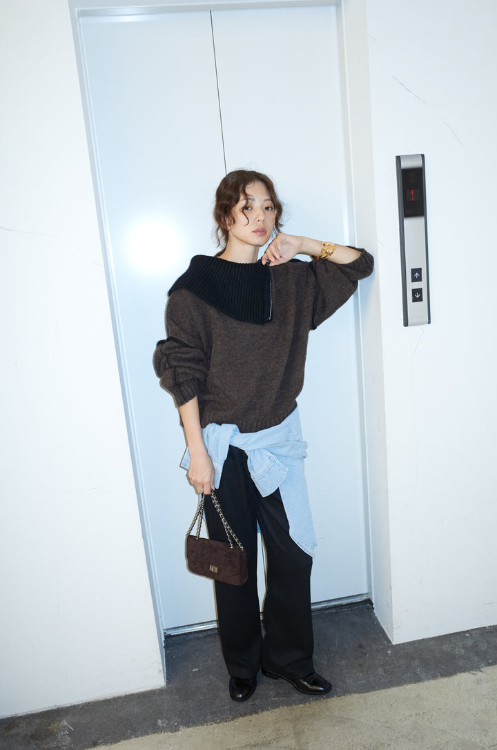 [予約/SET]ハイネックジップデザインニットトップス+ダンボールニットパンツ(2set)