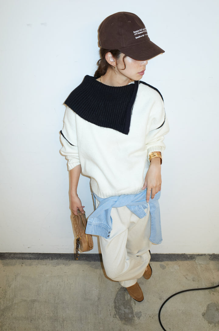 [予約/SET]ハイネックジップデザインニットトップス+ダンボールニットパンツ(2set)