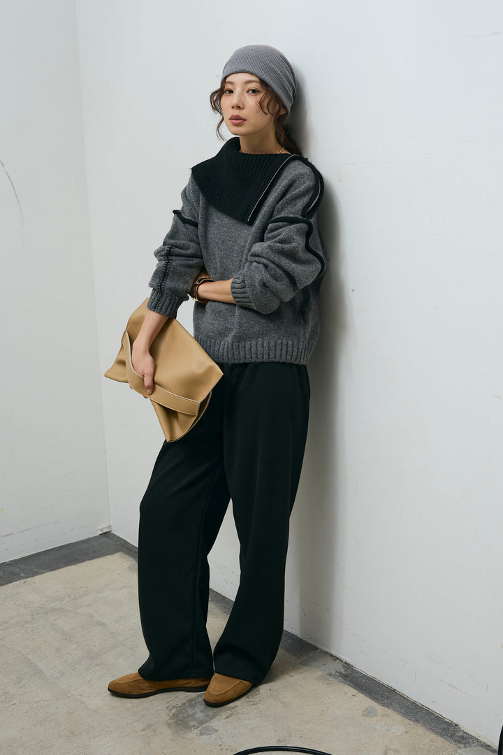 [予約/SET]ハイネックジップデザインニットトップス+ダンボールニットパンツ(2set)