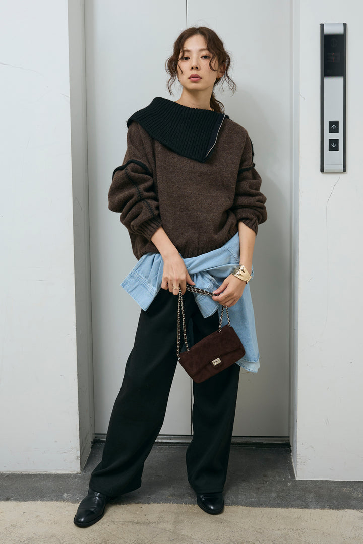 [予約/SET]ハイネックジップデザインニットトップス+ダンボールニットパンツ(2set)