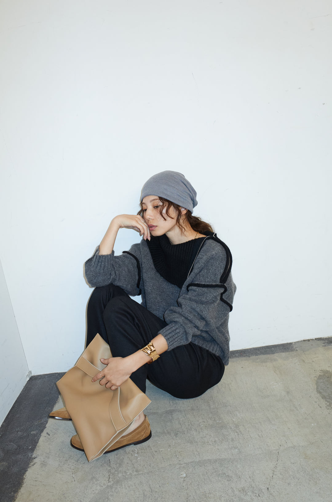 [予約/SET]ハイネックジップデザインニットトップス+ダンボールニットパンツ(2set)