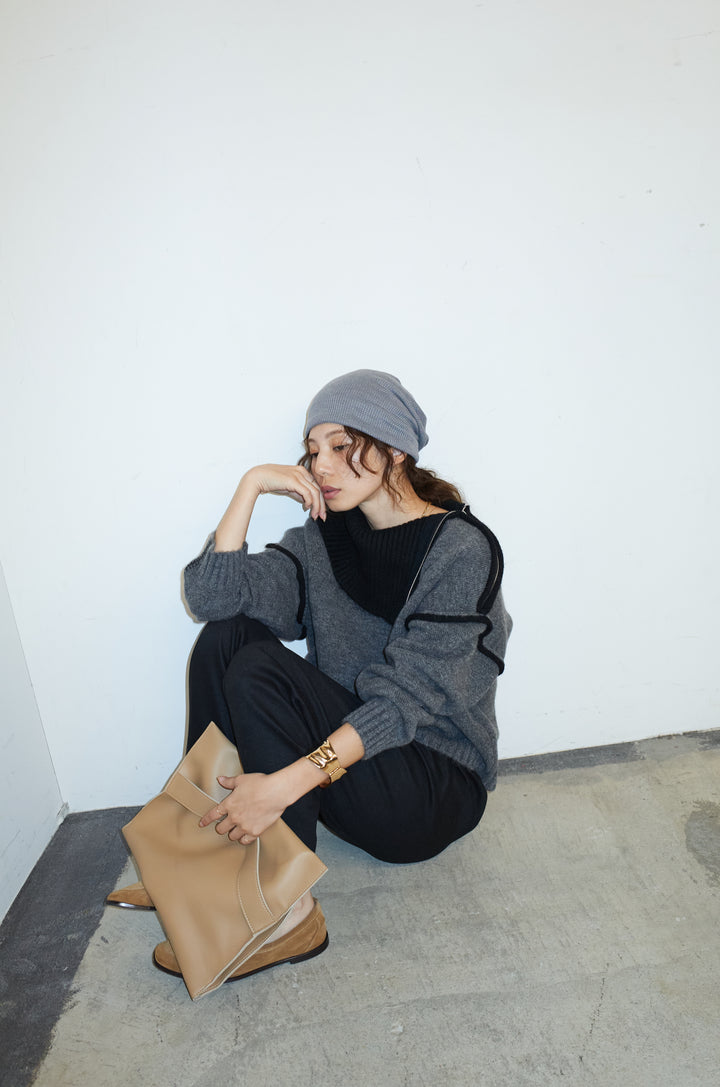 [予約/SET]ハイネックジップデザインニットトップス+ダンボールニットパンツ(2set)