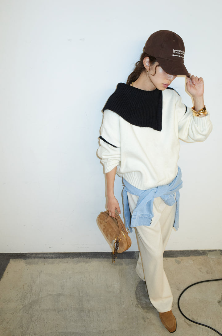 [予約/SET]ハイネックジップデザインニットトップス+ダンボールニットパンツ(2set)