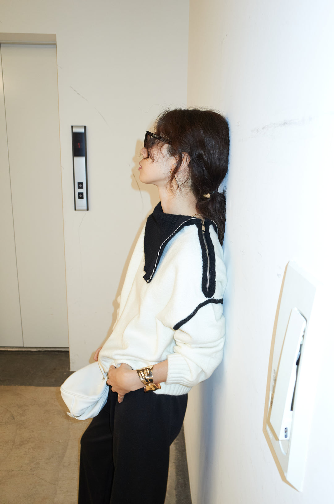 [予約/SET]ハイネックジップデザインニットトップス+ダンボールニットパンツ(2set)