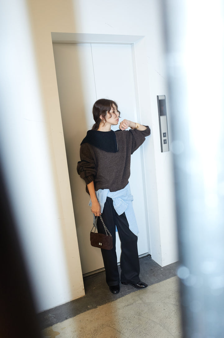 [予約/SET]ハイネックジップデザインニットトップス+ダンボールニットパンツ(2set)