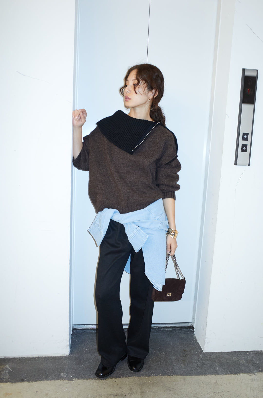 [予約/SET]ハイネックジップデザインニットトップス+ダンボールニットパンツ(2set)