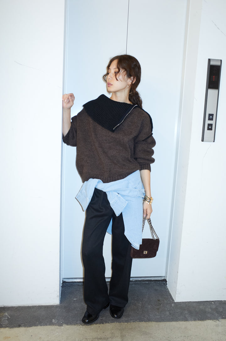 [予約/SET]ハイネックジップデザインニットトップス+ダンボールニットパンツ(2set)