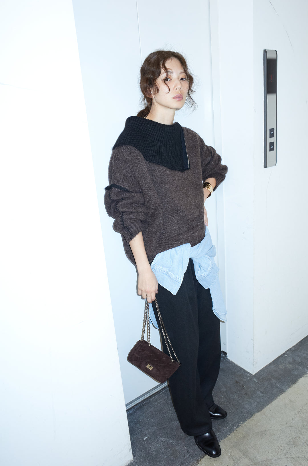 [予約/SET]ハイネックジップデザインニットトップス+ダンボールニットパンツ(2set)