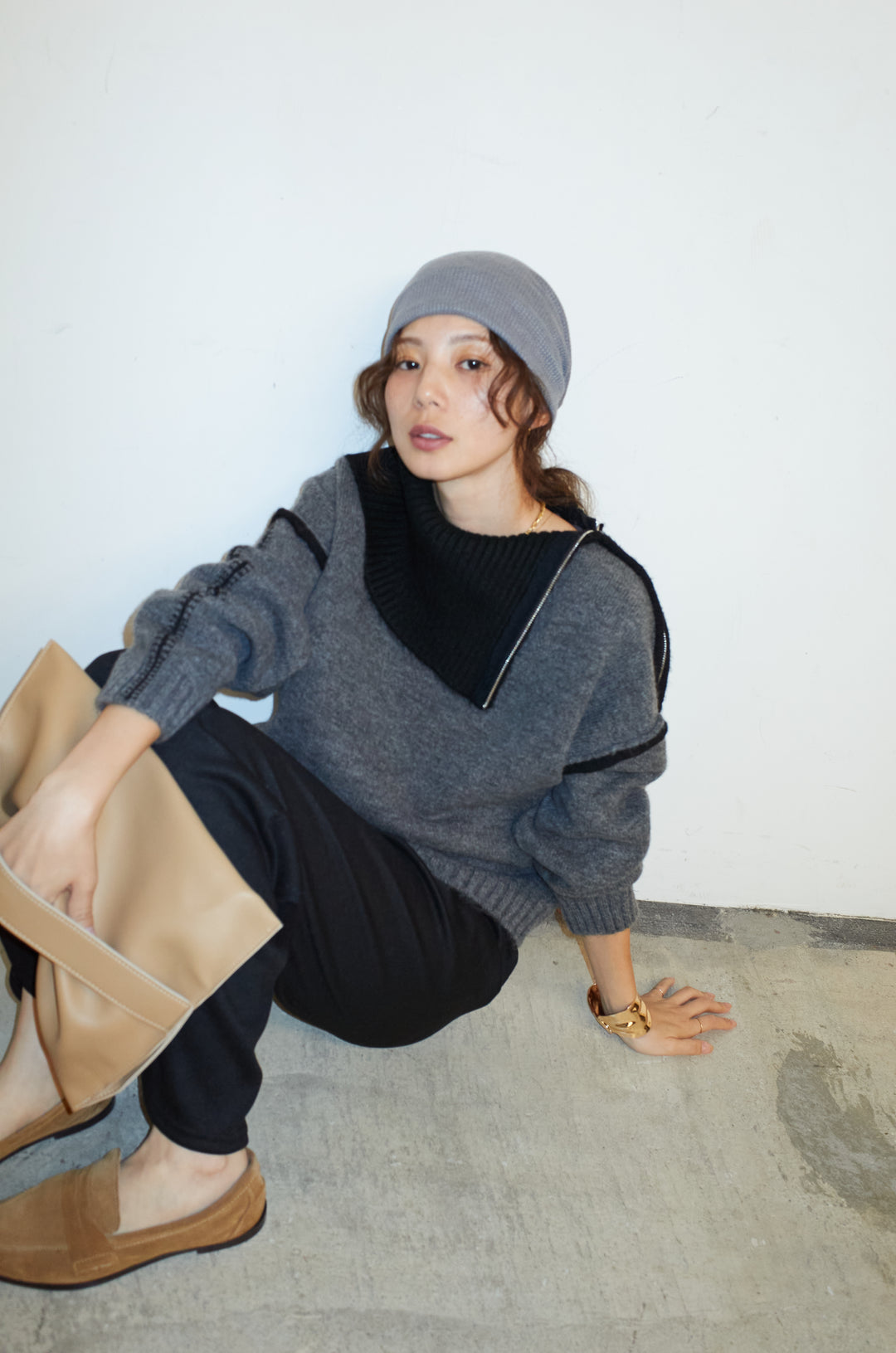 [予約/SET]ハイネックジップデザインニットトップス+ダンボールニットパンツ(2set)