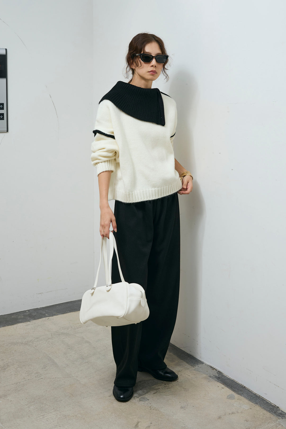 [予約/SET]ハイネックジップデザインニットトップス+ダンボールニットパンツ(2set)