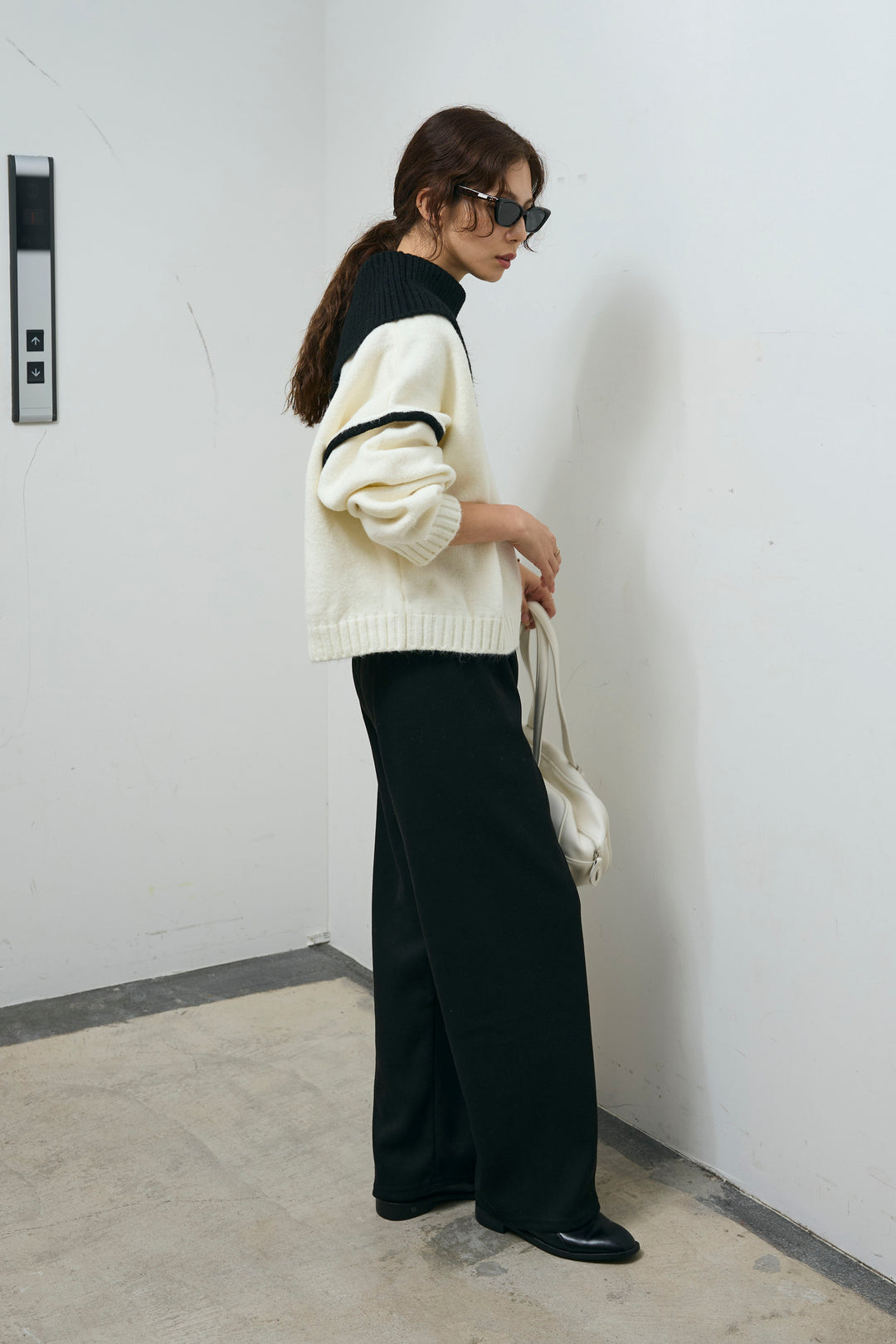 [予約/SET]ハイネックジップデザインニットトップス+ダンボールニットパンツ(2set)