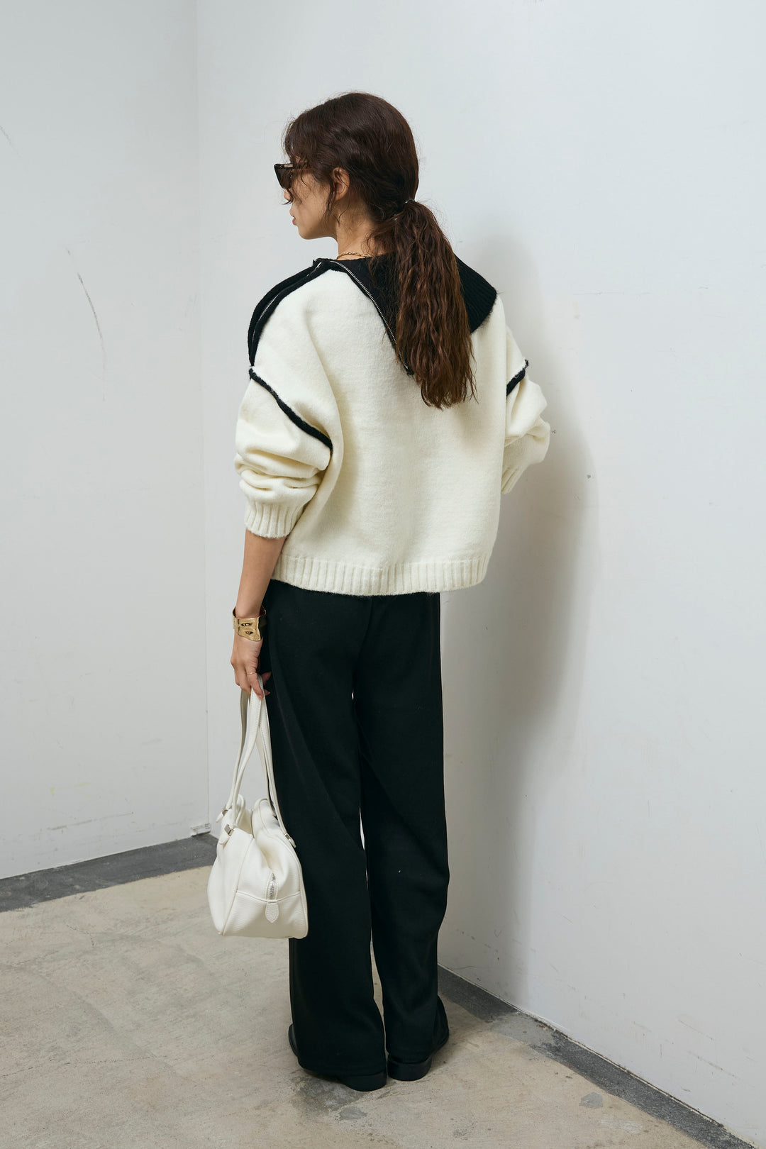 [予約/SET]ハイネックジップデザインニットトップス+ダンボールニットパンツ(2set)