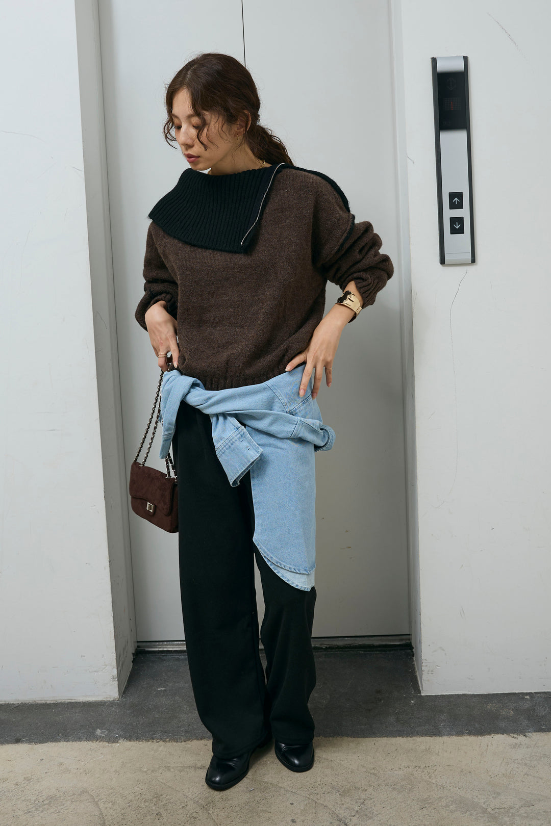 [予約/SET]ハイネックジップデザインニットトップス+ダンボールニットパンツ(2set)