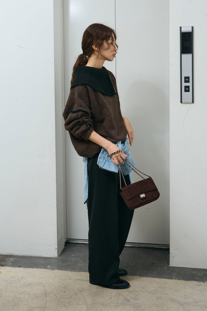 [予約/SET]ハイネックジップデザインニットトップス+ダンボールニットパンツ(2set)