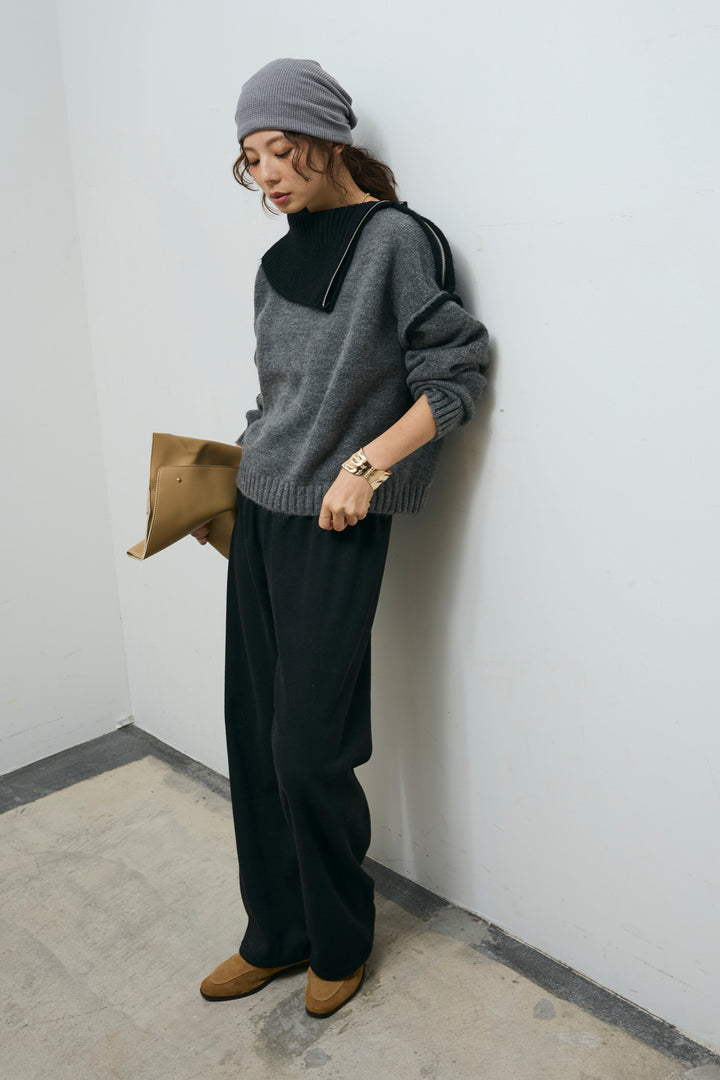 [予約/SET]ハイネックジップデザインニットトップス+ダンボールニットパンツ(2set)