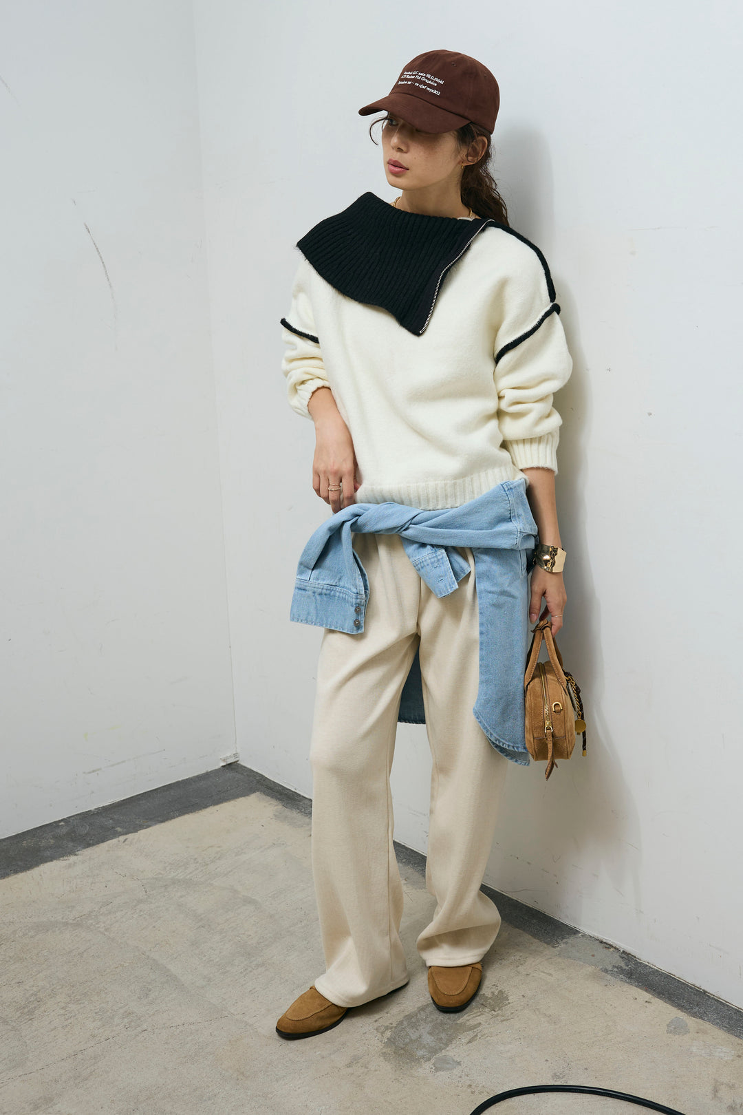 [予約/SET]ハイネックジップデザインニットトップス+ダンボールニットパンツ(2set)