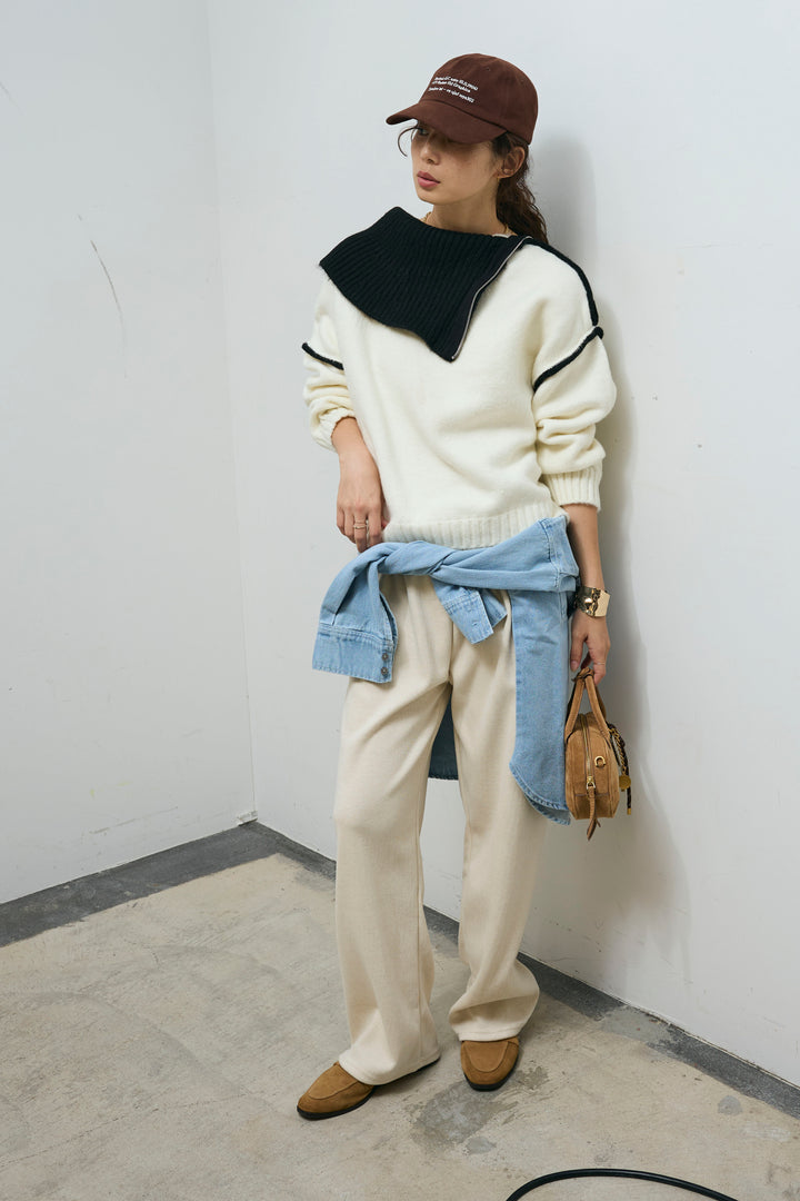 [予約/SET]ハイネックジップデザインニットトップス+ダンボールニットパンツ(2set)